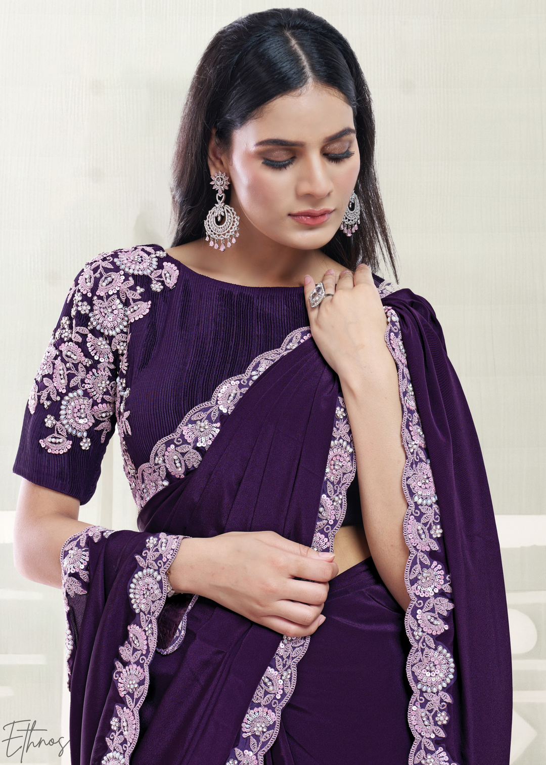 Deep Plum Scallop Frame Crepe Satin Silk Saree