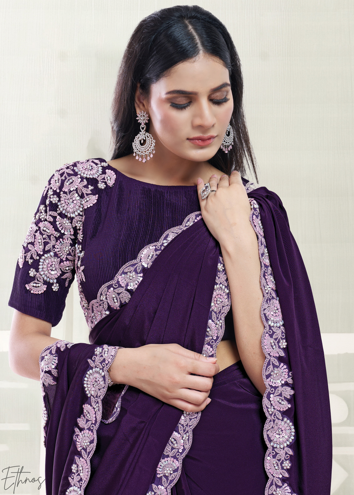 Deep Plum Scallop Frame Crepe Satin Silk Saree