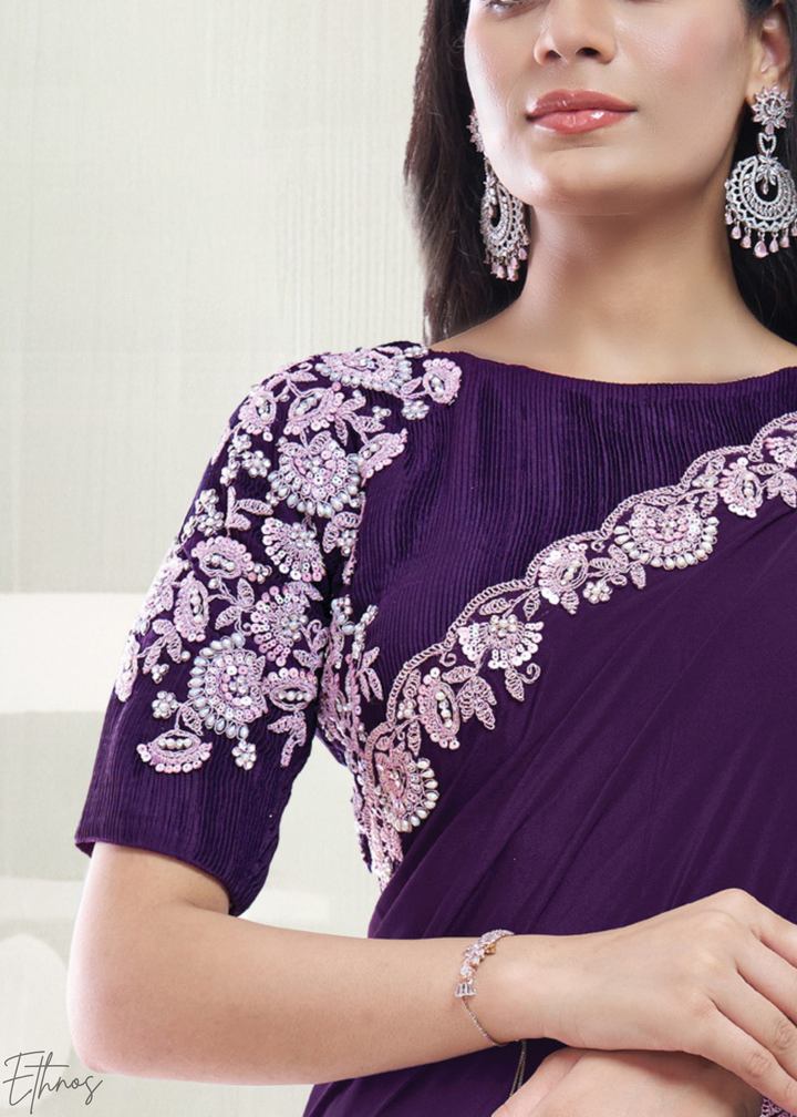 Deep Plum Scallop Frame Crepe Satin Silk Saree