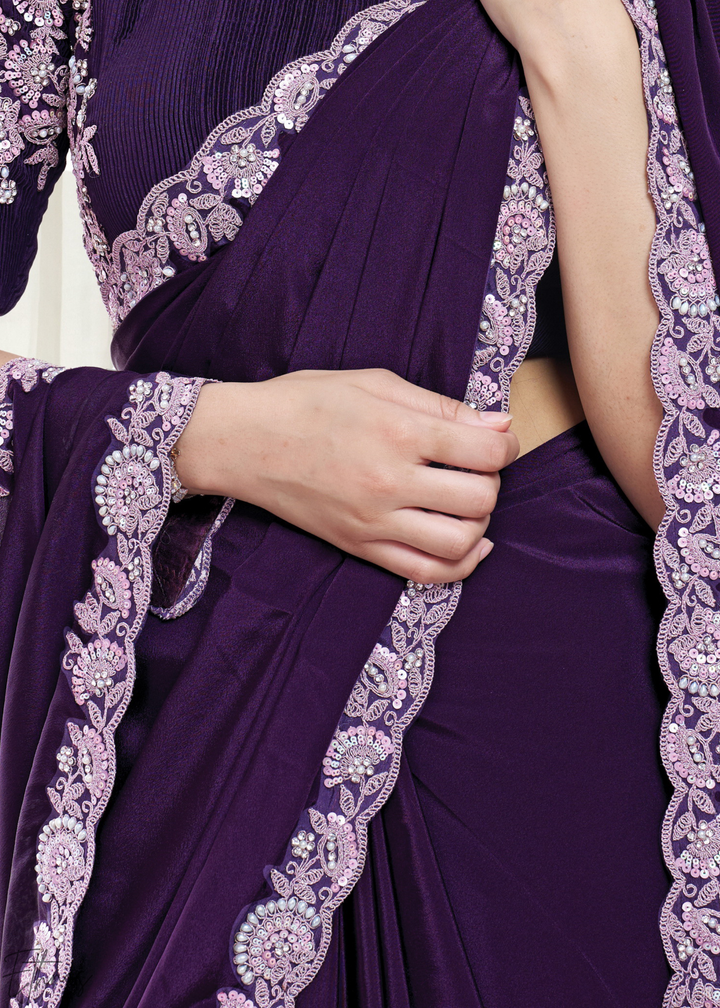Deep Plum Scallop Frame Crepe Satin Silk Saree