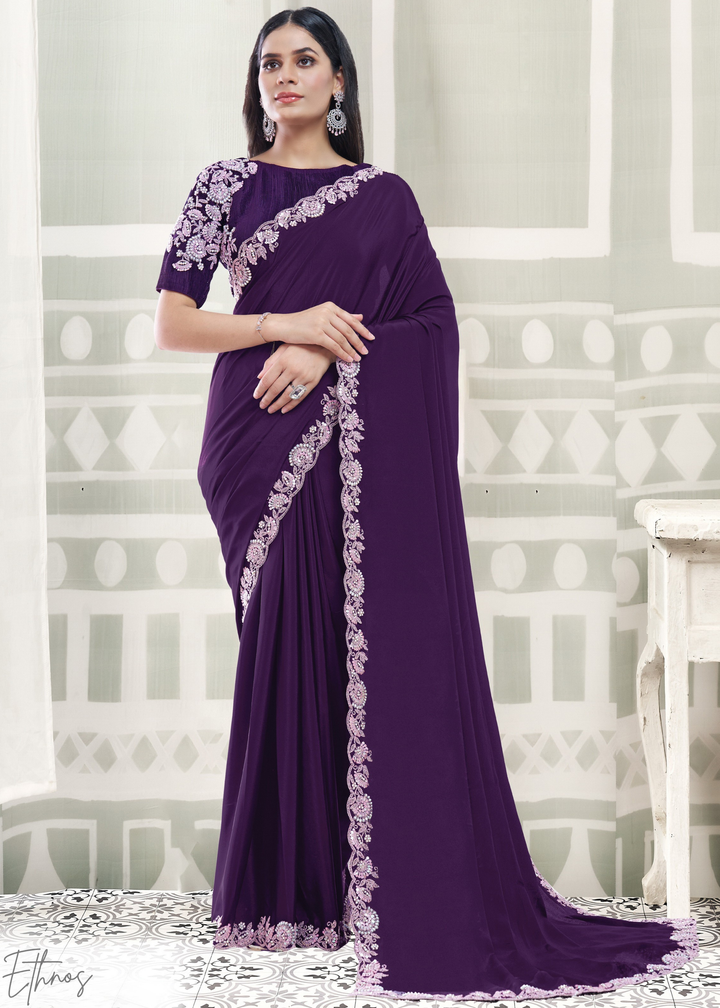 Deep Plum Scallop Frame Crepe Satin Silk Saree