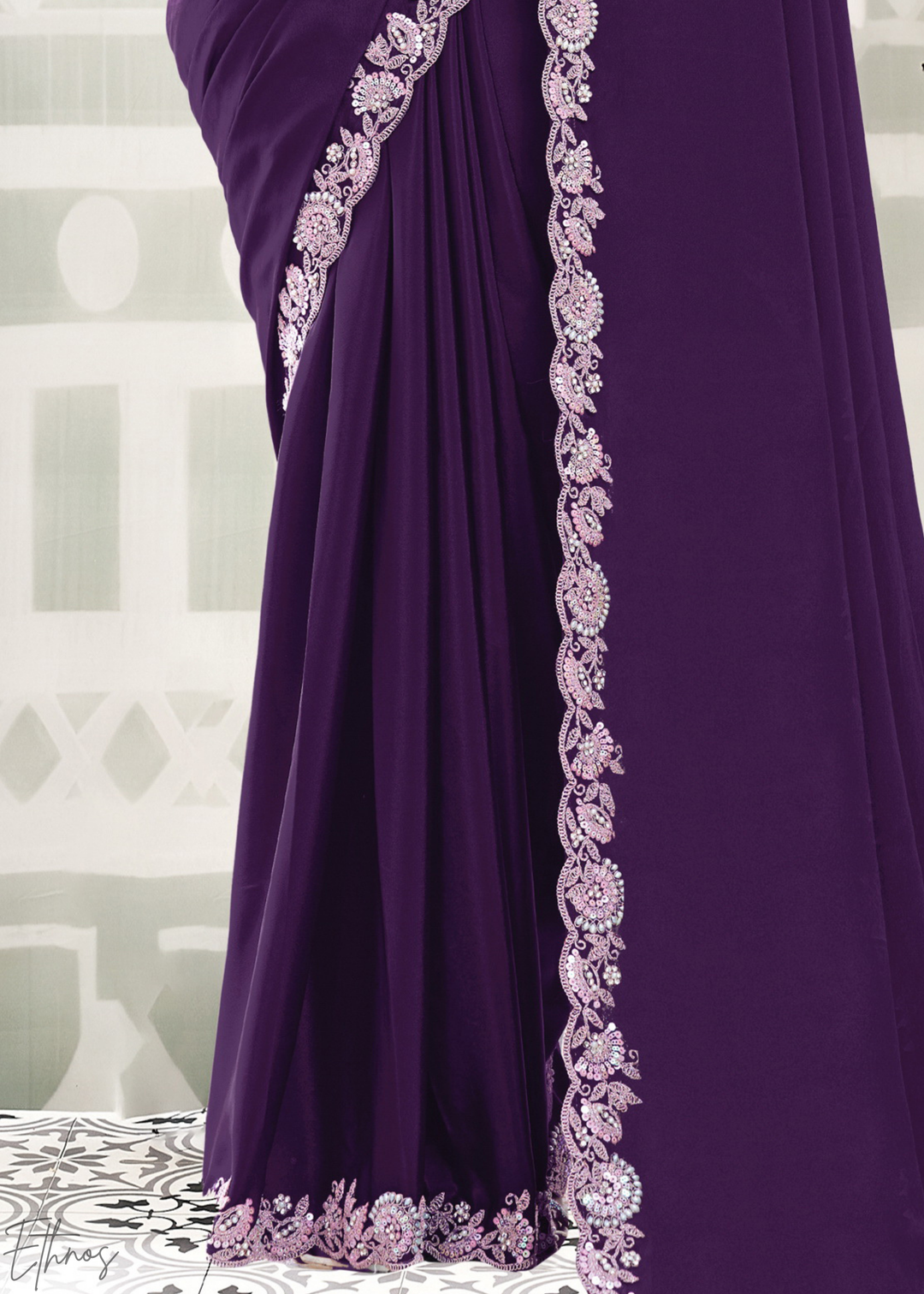 Deep Plum Scallop Frame Crepe Satin Silk Saree