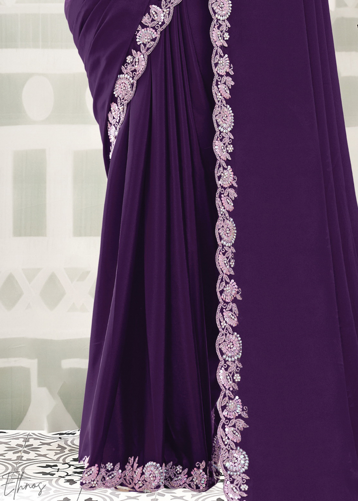 Deep Plum Scallop Frame Crepe Satin Silk Saree