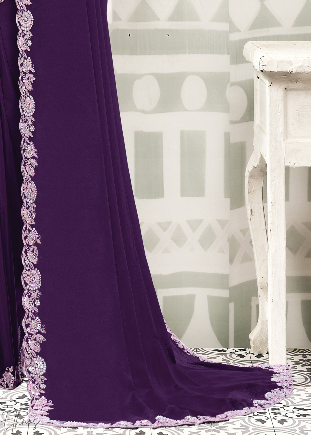 Deep Plum Scallop Frame Crepe Satin Silk Saree