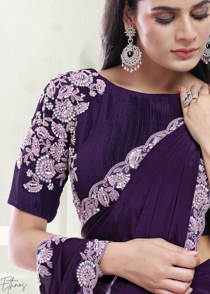 Deep Plum Scallop Frame Crepe Satin Silk Saree