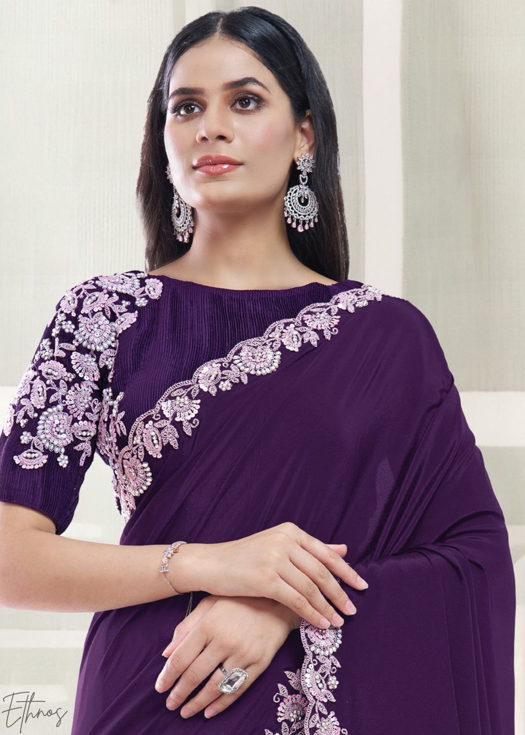 Deep Plum Scallop Frame Crepe Satin Silk Saree