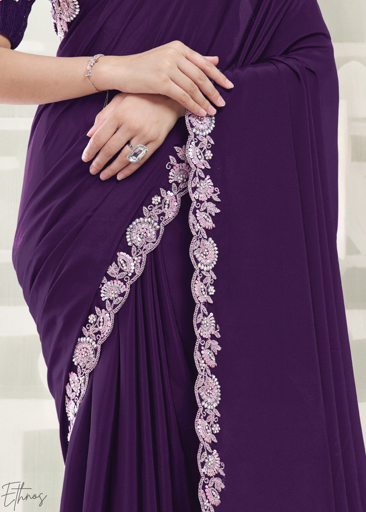 Deep Plum Scallop Frame Crepe Satin Silk Saree