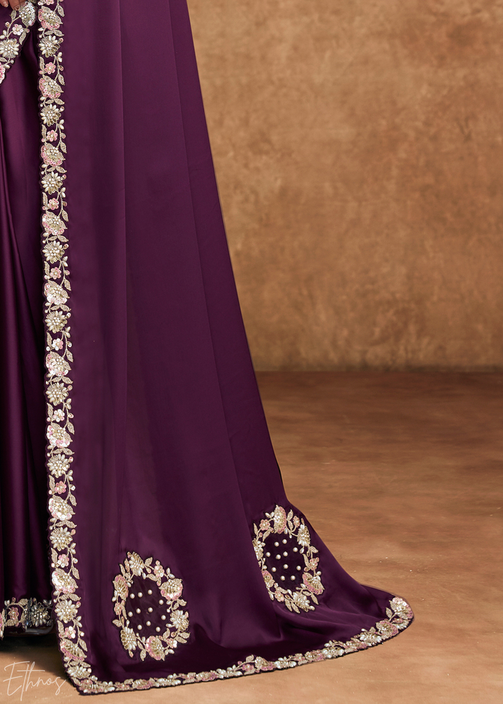 Deep Plum Sequin Embroidered Organza Satin Saree