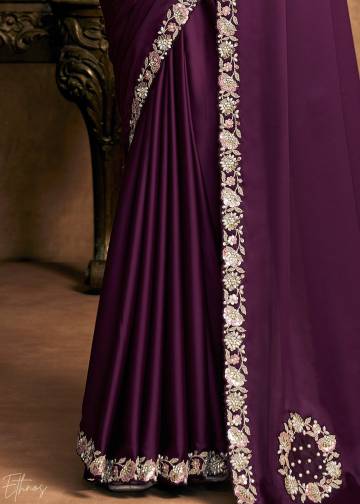 Deep Plum Sequin Embroidered Organza Satin Saree