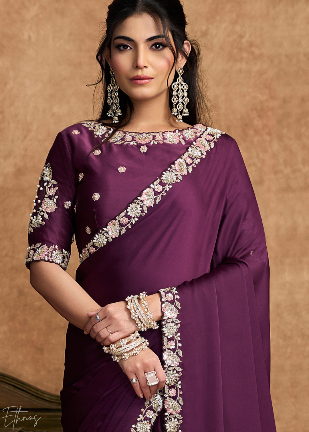 Deep Plum Sequin Embroidered Organza Satin Saree