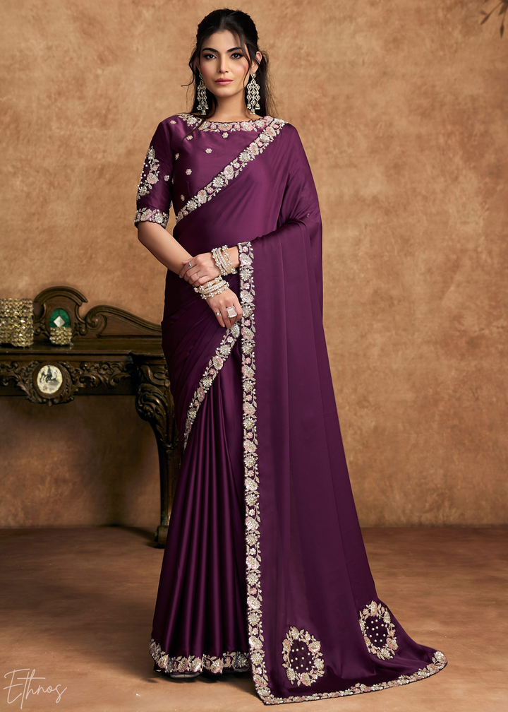 Deep Plum Sequin Embroidered Organza Satin Saree