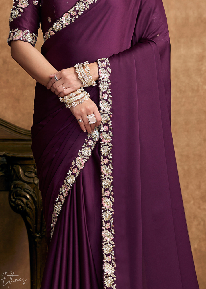 Deep Plum Sequin Embroidered Organza Satin Saree