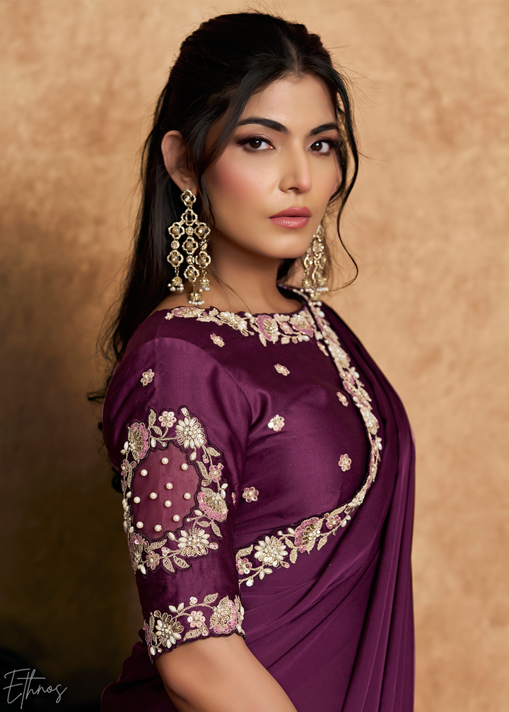 Deep Plum Sequin Embroidered Organza Satin Saree