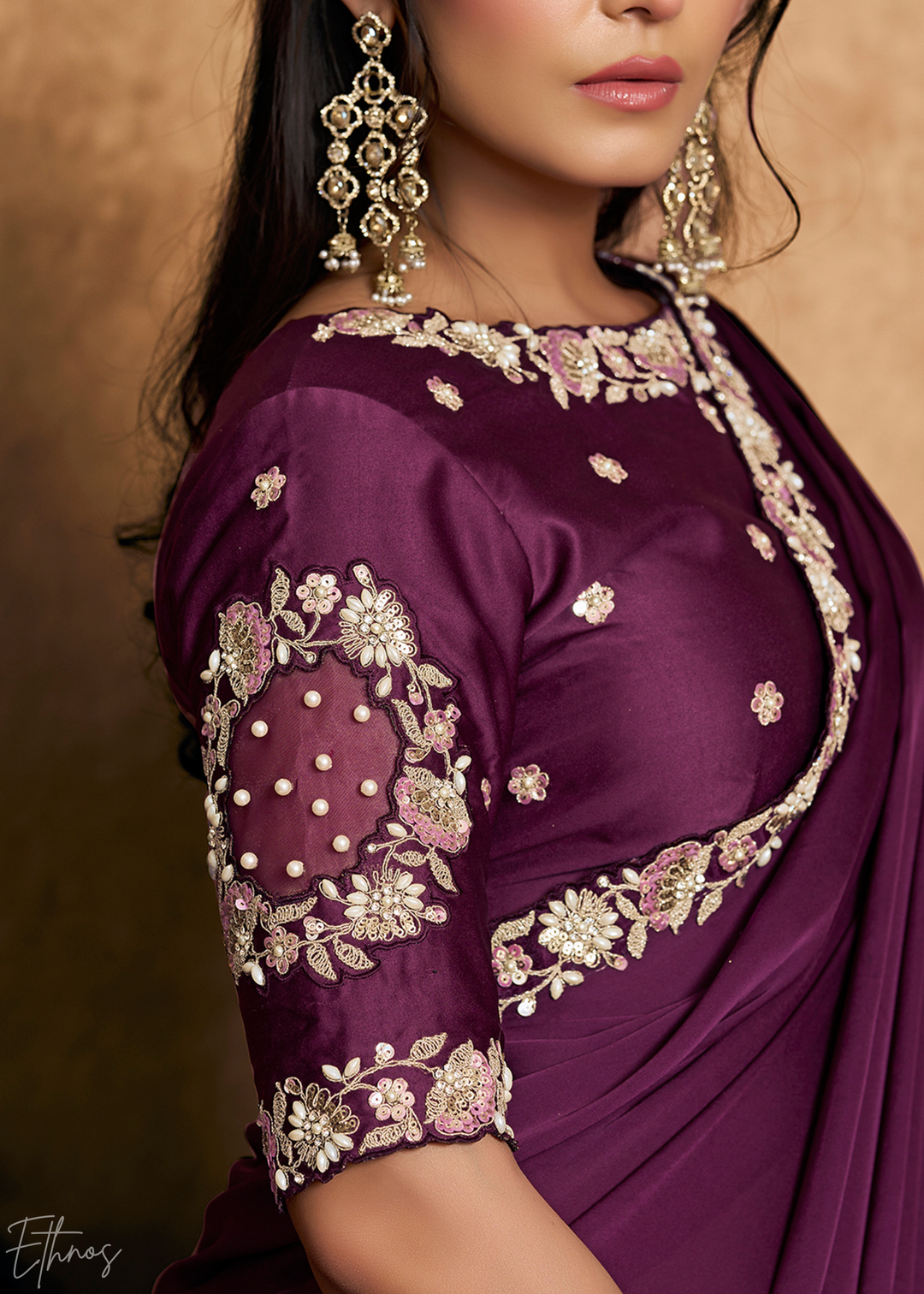Deep Plum Sequin Embroidered Organza Satin Saree
