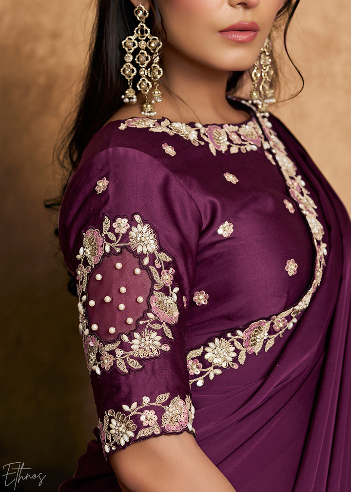 Deep Plum Sequin Embroidered Organza Satin Saree