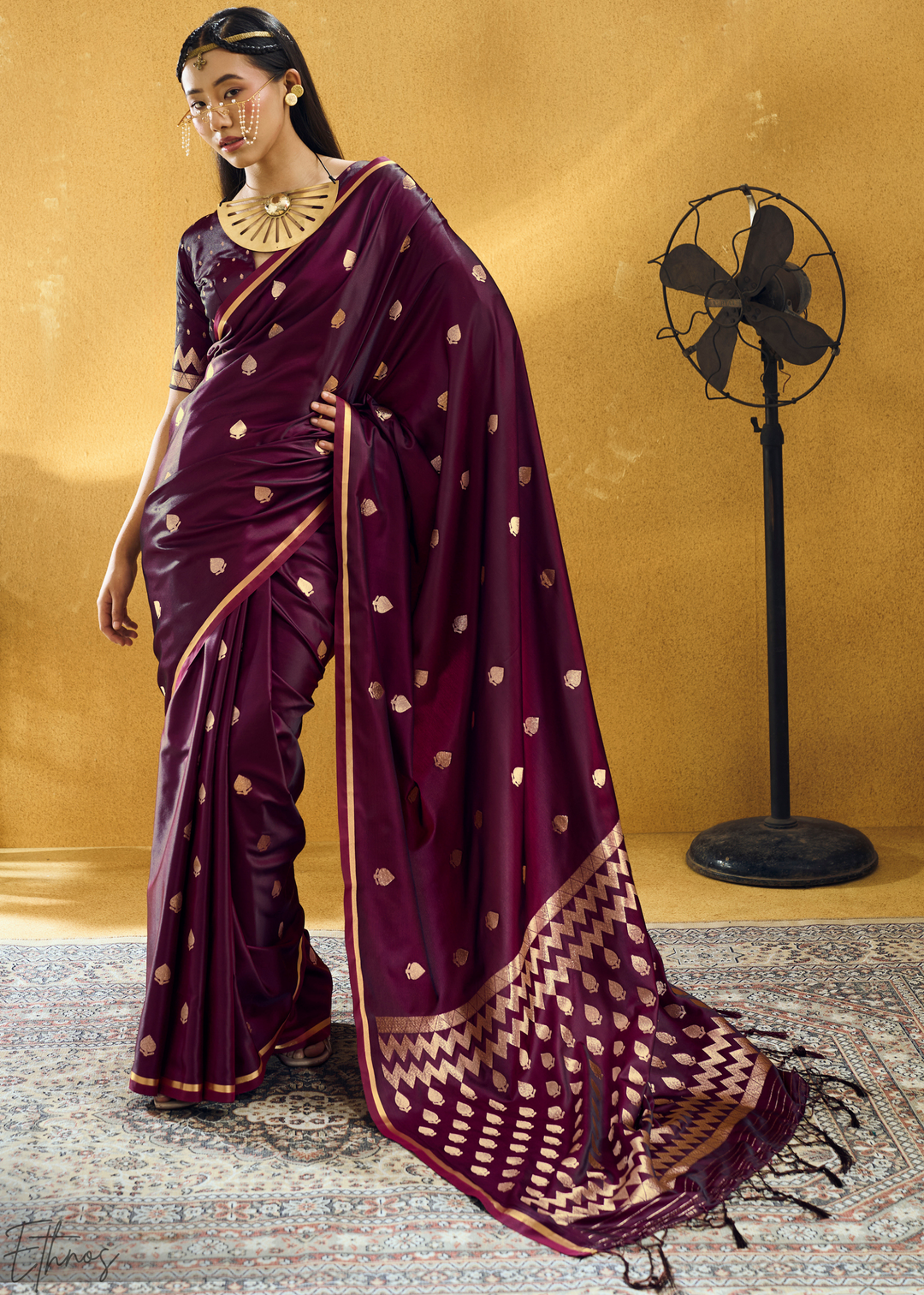 Deep Wine Leheriya Chevron Satin Saree