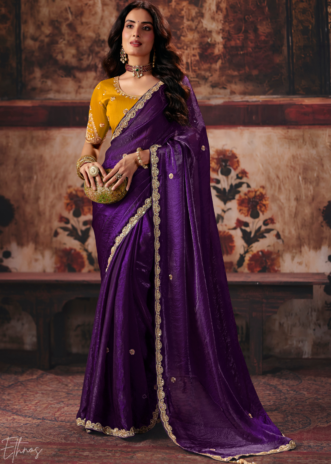 Deep Purple Contrast Blouse Fendy Satin Saree