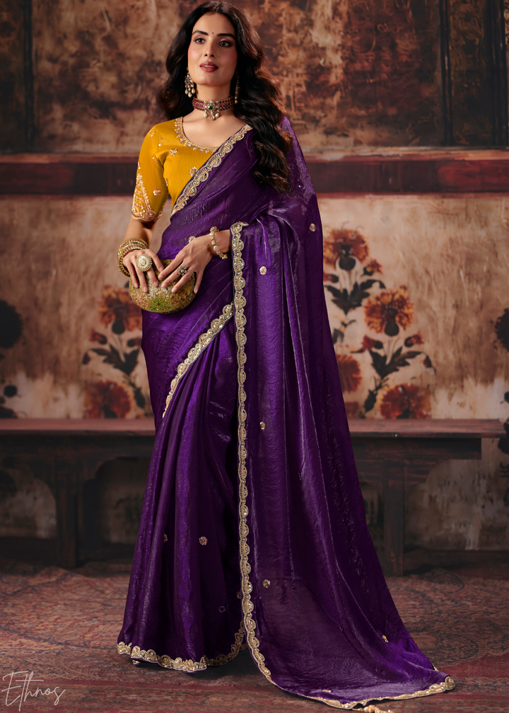 Deep Purple Contrast Blouse Fendy Satin Saree
