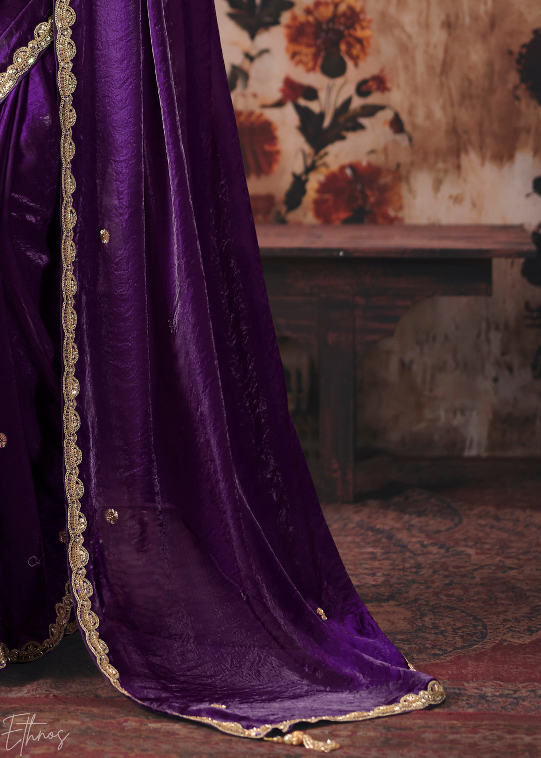 Deep Purple Contrast Blouse Fendy Satin Saree