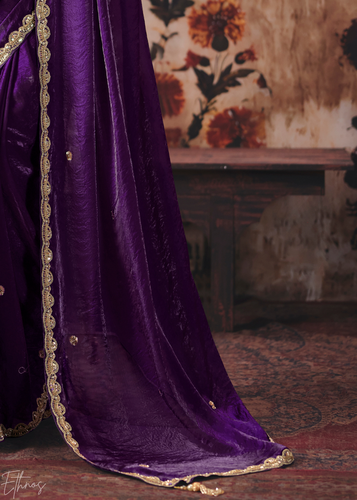 Deep Purple Contrast Blouse Fendy Satin Saree