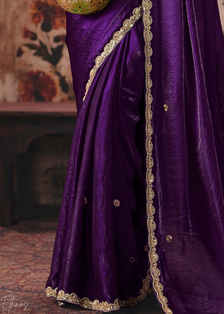 Deep Purple Contrast Blouse Fendy Satin Saree