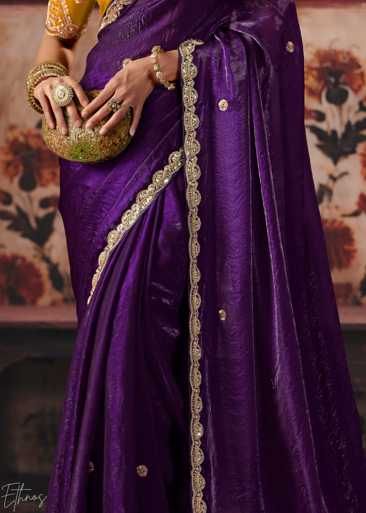 Deep Purple Contrast Blouse Fendy Satin Saree