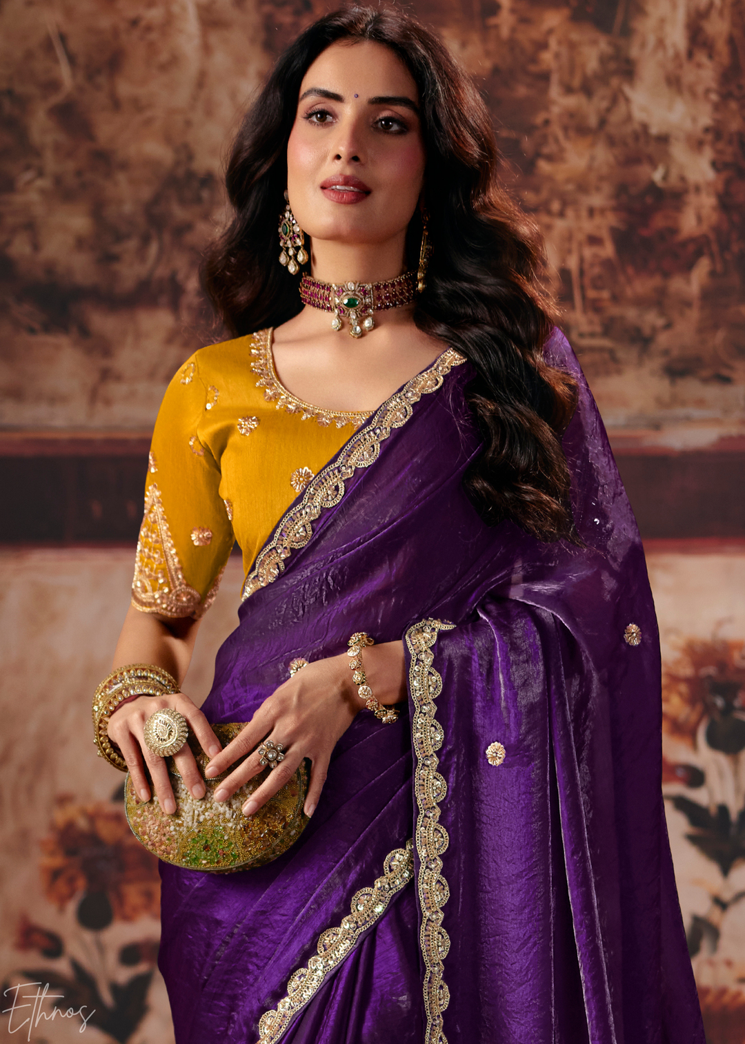 Deep Purple Contrast Blouse Fendy Satin Saree
