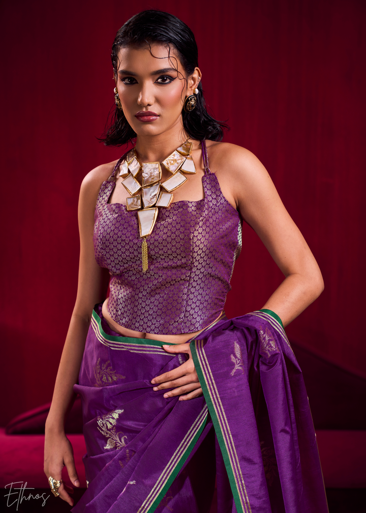 Deep Purple Lotus Zari Satin Linen Silk Saree