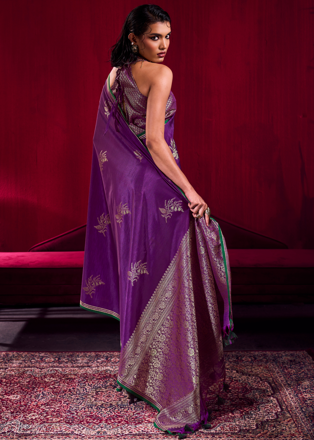 Deep Purple Lotus Zari Satin Linen Silk Saree