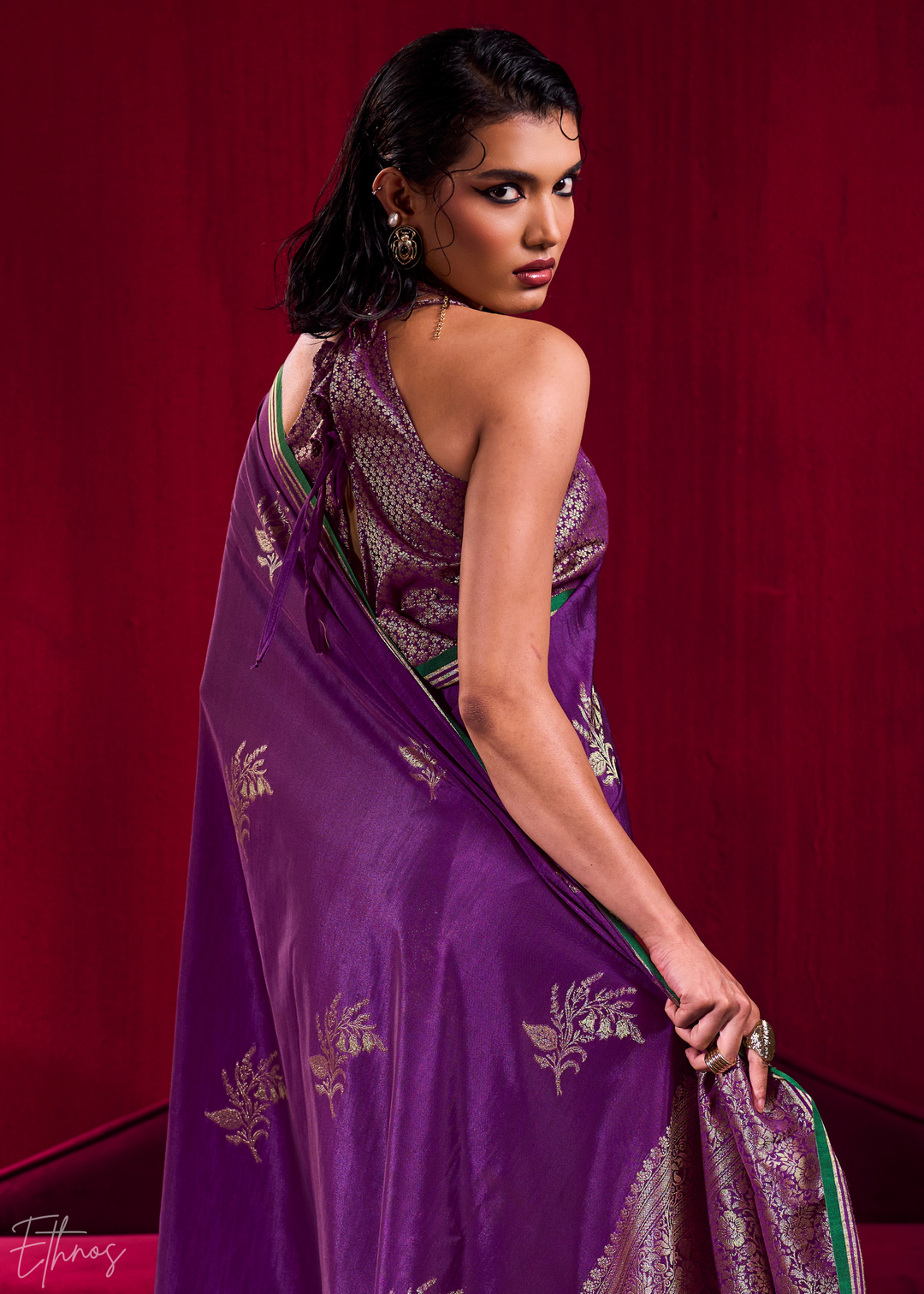 Deep Purple Lotus Zari Satin Linen Silk Saree