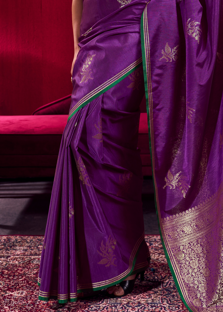 Deep Purple Lotus Zari Satin Linen Silk Saree
