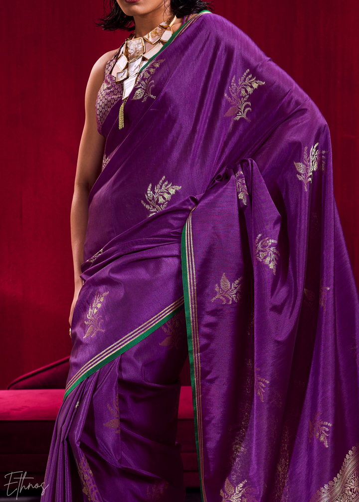 Deep Purple Lotus Zari Satin Linen Silk Saree