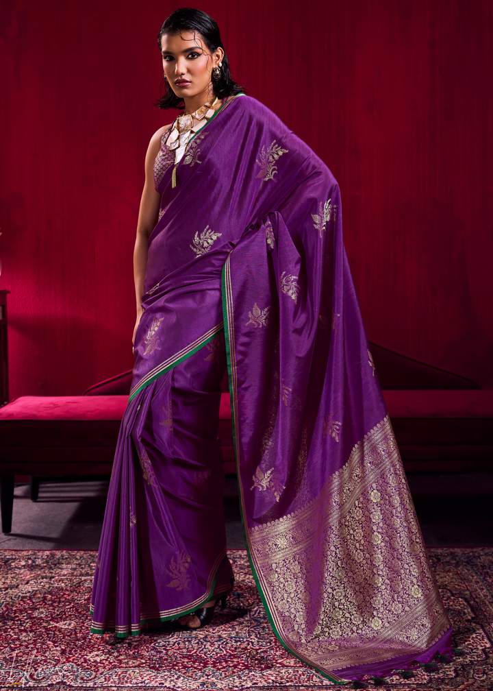 Deep Purple Lotus Zari Satin Linen Silk Saree