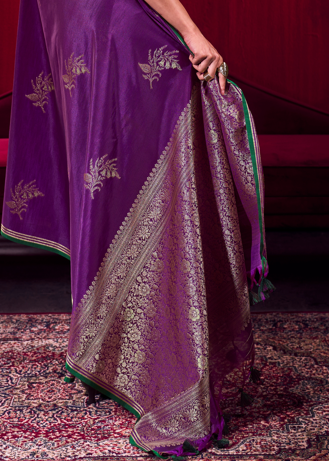 Deep Purple Lotus Zari Satin Linen Silk Saree