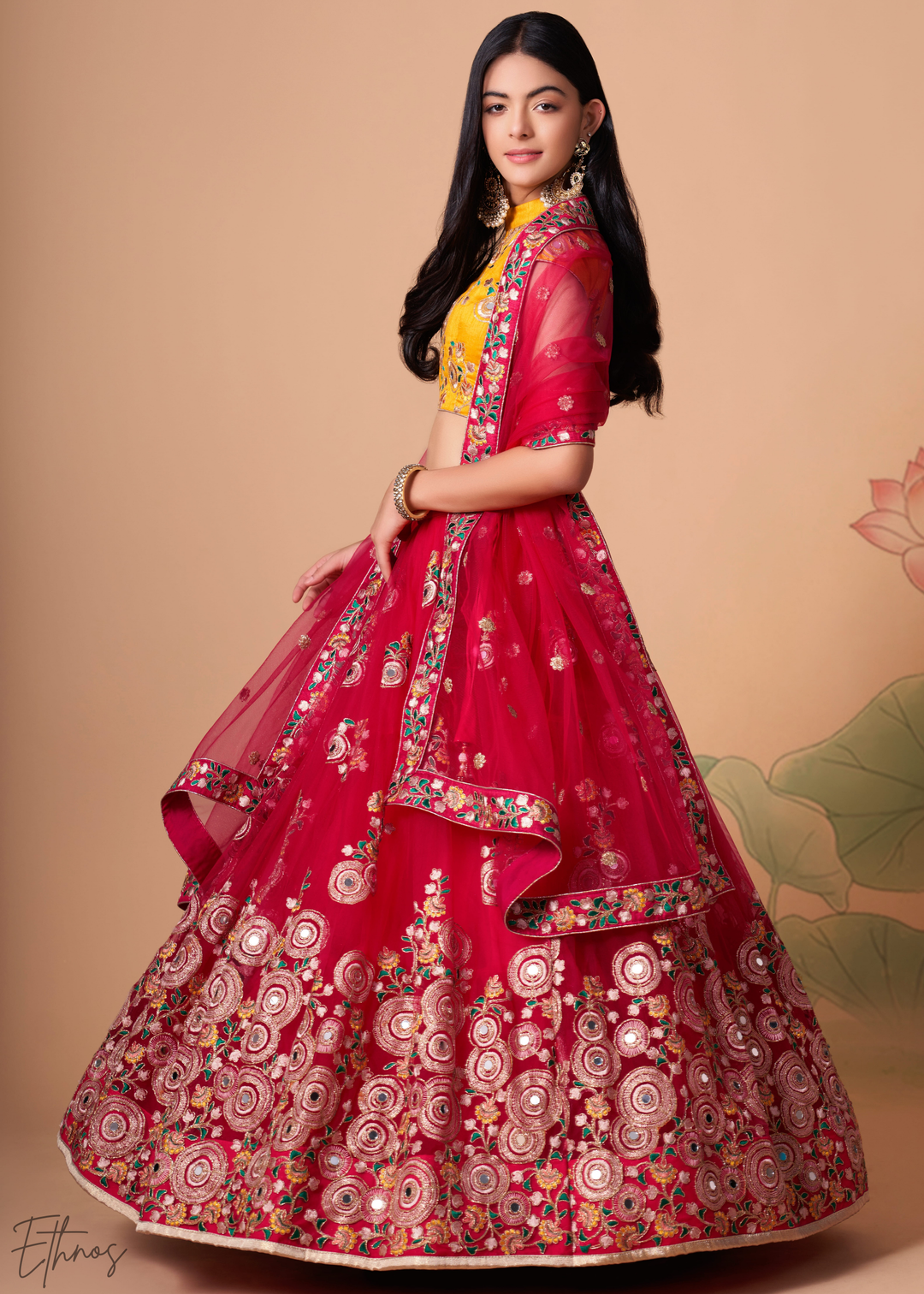 Deep Red Opulent Floral Mirror Net Lehenga