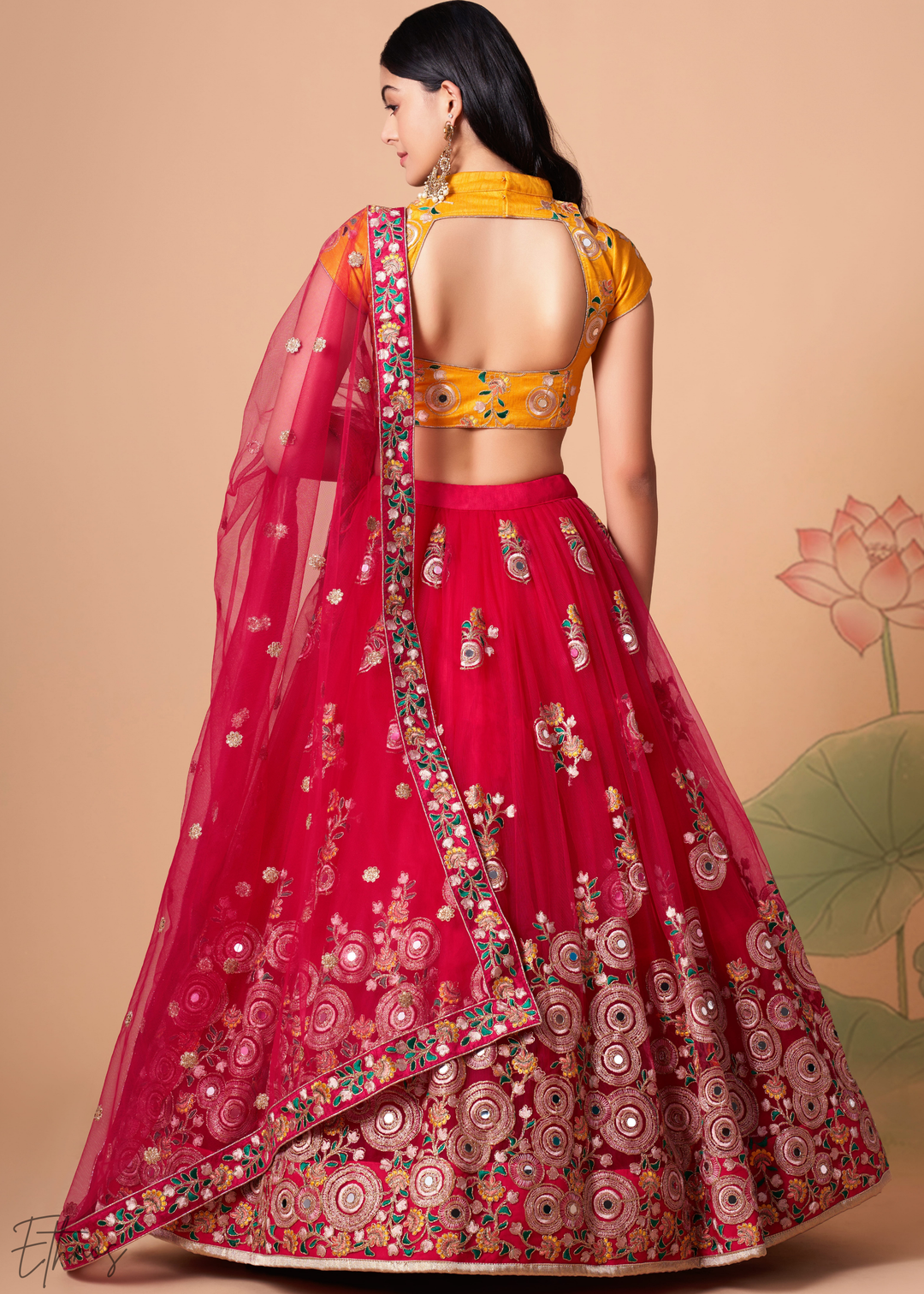 Deep Red Opulent Floral Mirror Net Lehenga