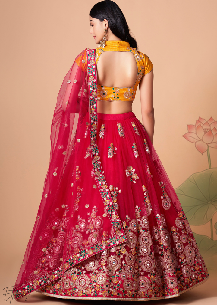 Deep Red Opulent Floral Mirror Net Lehenga