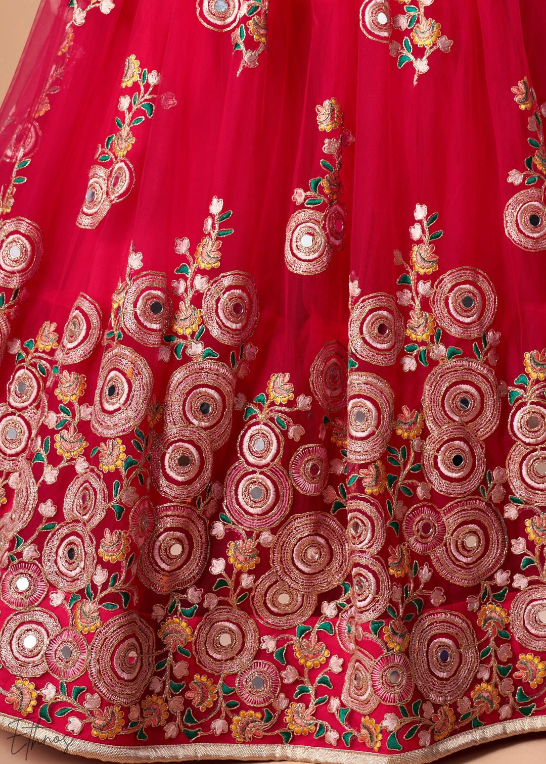 Deep Red Opulent Floral Mirror Net Lehenga