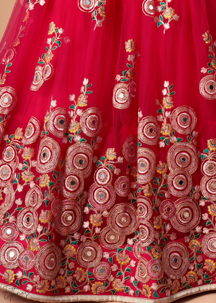 Deep Red Opulent Floral Mirror Net Lehenga