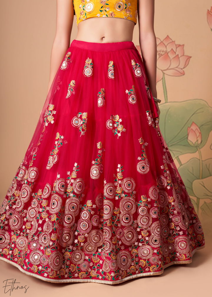 Deep Red Opulent Floral Mirror Net Lehenga