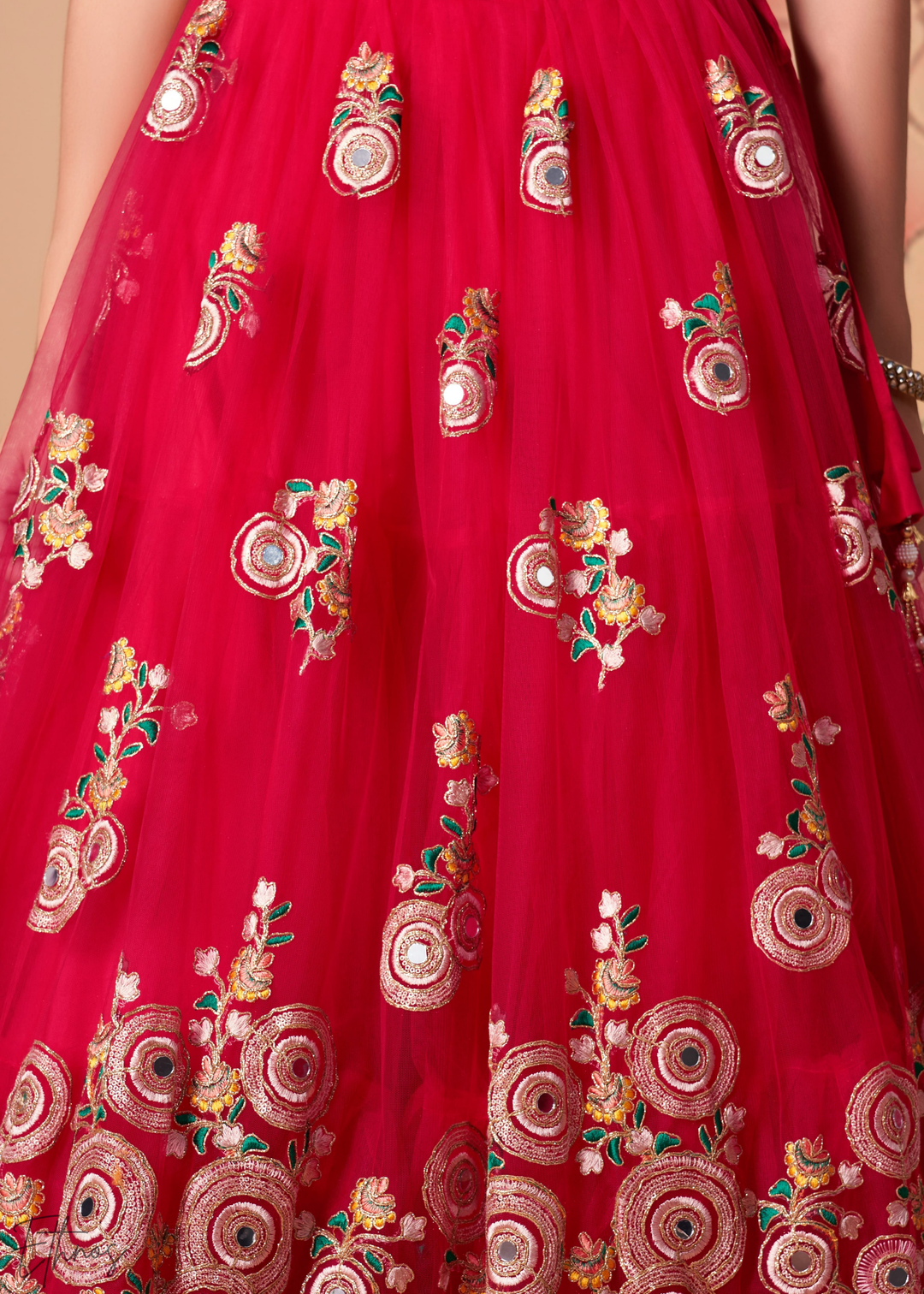 Deep Red Opulent Floral Mirror Net Lehenga