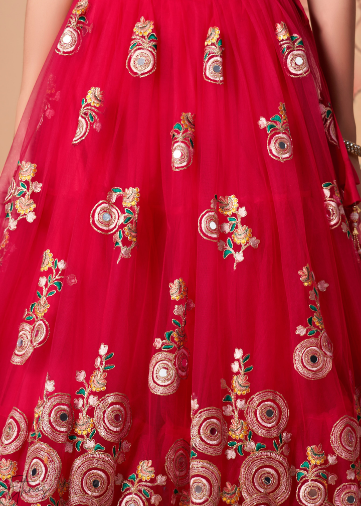 Deep Red Opulent Floral Mirror Net Lehenga