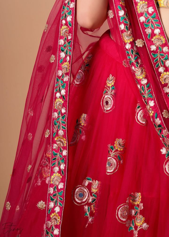 Deep Red Opulent Floral Mirror Net Lehenga