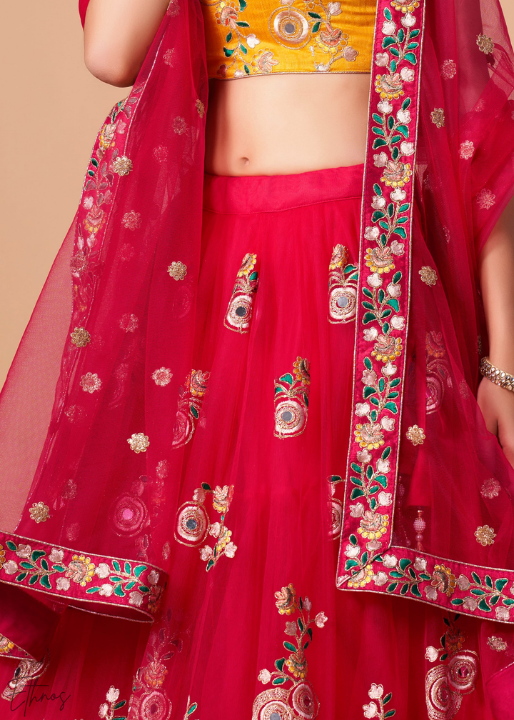Deep Red Opulent Floral Mirror Net Lehenga