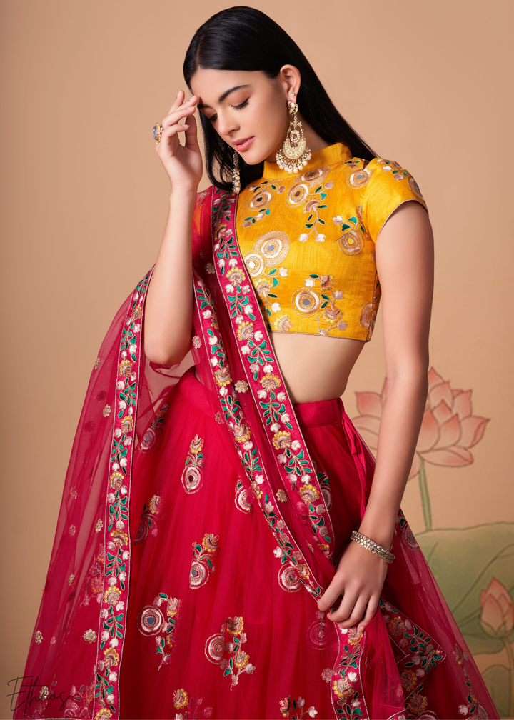 Deep Red Opulent Floral Mirror Net Lehenga