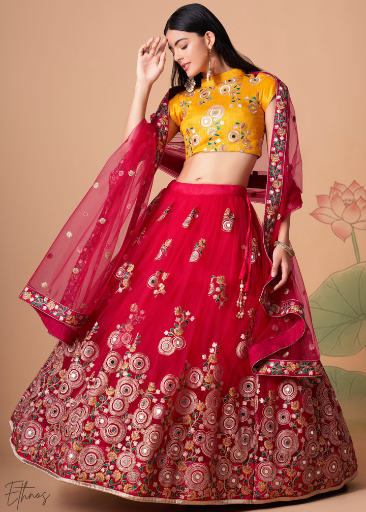 Deep Red Opulent Floral Mirror Net Lehenga