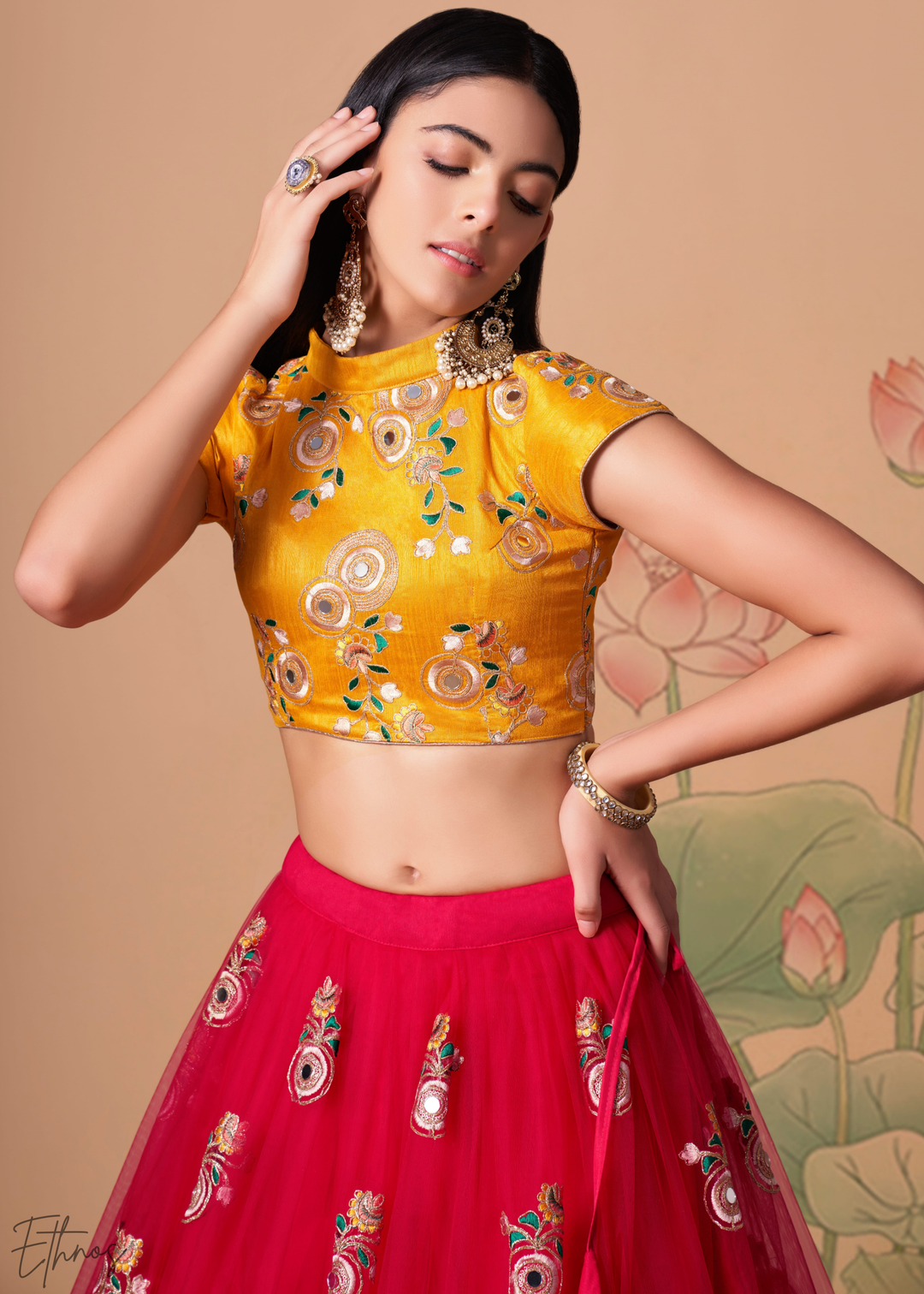 Deep Red Opulent Floral Mirror Net Lehenga