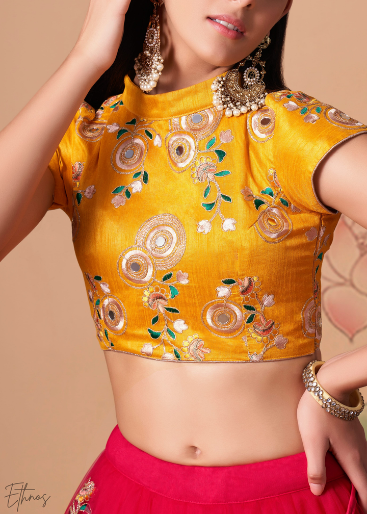 Deep Red Opulent Floral Mirror Net Lehenga