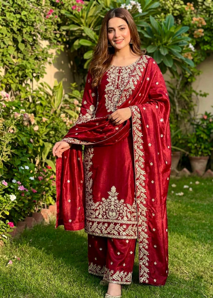Deep Red Silk Embroidered Silk Palazzo Suit