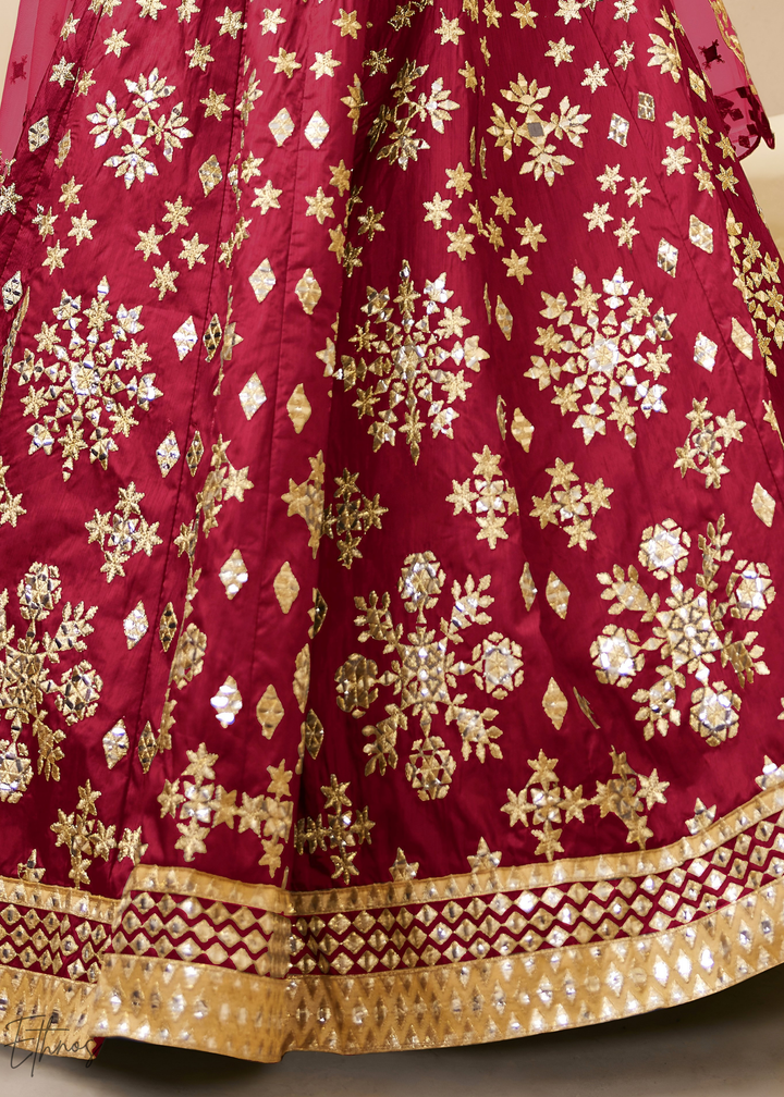 Deep Red Zari Embroidered Silk Lehenga